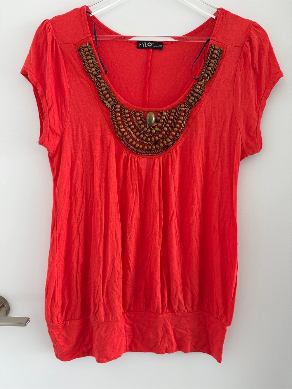 FYLO Bright Orange Beaded Scoop-Neck Tunic Top